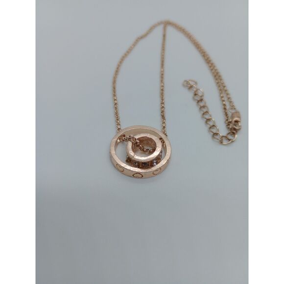 Rose Gold Heart Double Circle Rhinestone Pendant 16-18" Chain Necklace - Picture 3 of 6